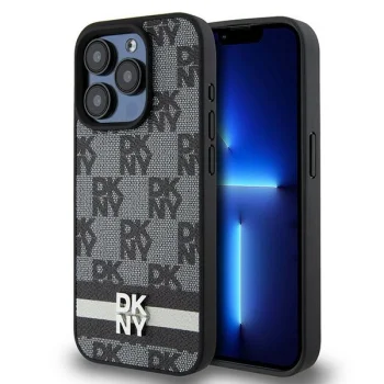 DKNY dėklas iPhone 15 Pro Max telefonui Leather Checkered Mono Pattern, juodas