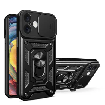 Hybrid Armor Camshield Case for iPhone 16 Plus with Camera Cover and Stand, Blue