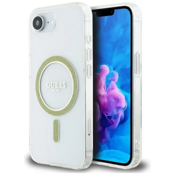 Guess IML Glitter Circle MagSafe dėklas telefonui iPhone 16e, skaidrus