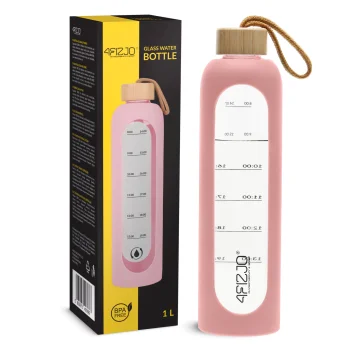 4Fizjo Glass Water Bottle with Silicone Sleeve, 1 L, Pink