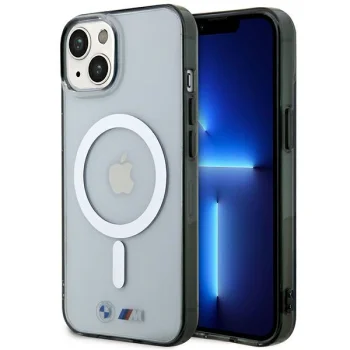 BMW dėklas iPhone 14 telefonui Silver Ring MagSafe, skaidrus