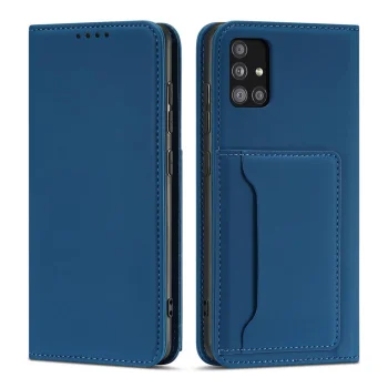 Atverčiamasis dėklas Samsung Galaxy A13 5G su kortelių kišenėmis ir stovu, mėlynas
