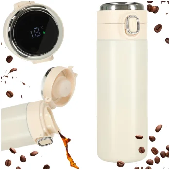 Termopuodelis su snapeliu ir LED temperatūros rodymu, 350ml, smėlio spalvos