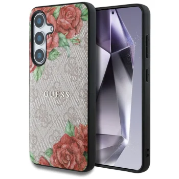 Guess Leather 4G Flowers Print MagSafe dėklas Samsung Galaxy S25, rožinis