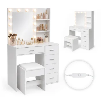 ModernHome kosmetinis staliukas su LED veidrodžiu, stalčiais ir kėdute