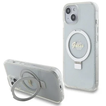 Guess Ring Stand Script Glitter MagSafe case for iPhone 15 / 14 / 13 - transparent