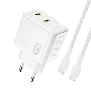 Dudao A28PCEU PD 45W GaN įkroviklis su 2x USB-C lizdais ir USB-C laidu, baltas