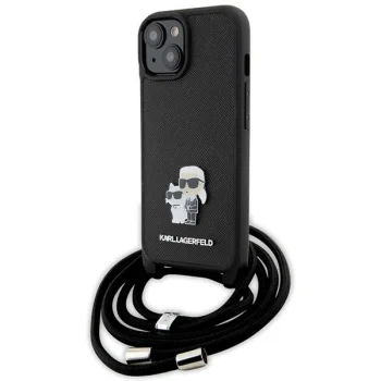 Karl Lagerfeld dėklas iPhone 15 telefonui Crossbody Saffiano Metal Pin, juodas
