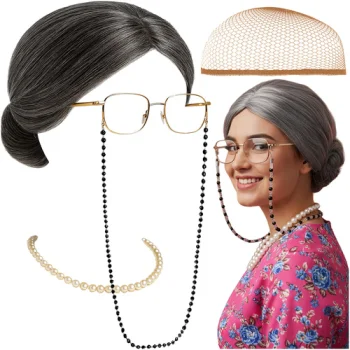 Old Lady Costume 5-Piece Set with Wig and Glasses Ruhhy 26149