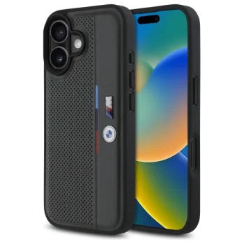 BMW dėklas skirtas iPhone 16, M Perforated Tricolor Detail Line, pilkas
