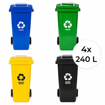 4 Šiukšlių Dėžių Rinkinys 4x240L Mėlyna Žalia Geltona Juoda