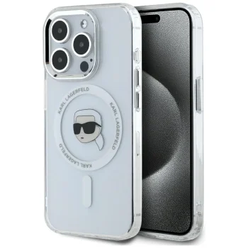 Karl Lagerfeld dėklas iPhone 15 Pro Max telefonui IML Metal Karl Head MagSafe, baltas