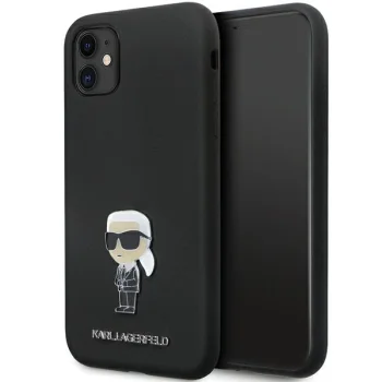 Karl Lagerfeld dėklas iPhone 11 telefonui Silicone Ikonik Metal Pin, juodas