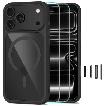 Tech-Protect MagOne CC MagSafe dėklas ir 2 apsauginiai stiklai iPhone 18 Pro / 17 Pro, skaidrus juodas
