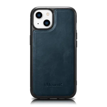 iCarer Leather Oil Wax natūralios odos dėklas, skirtas iPhone 14 Plus, mėlynas