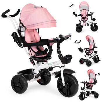 ECOTOYS vaikiškas triratukas su 360° pasukama kėde ir rankena 131093, rožinis