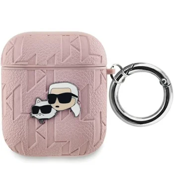 Karl Lagerfeld dėklas AirPods 1 / 2 ausinėms Monogram Karl & Choupette Head, rožinis