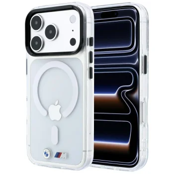 BMW M IML Glossy Metal Logo & Trims MagSafe dėklas iPhone 17 Pro / 18 Pro, skaidrus