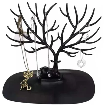 Jewellery Tree Stand Organiser with Ring Tray, Deer Antler Design, Black