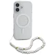 Guess dėklas iPhone 16 Plus telefonui IML Glitter su perlų dirželiu MagSafe, skaidrus
