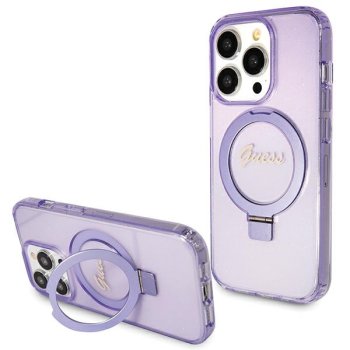 Guess dėklas iPhone 15 Pro su Ring Stand MagSafe ir blizgučiais, violetinis