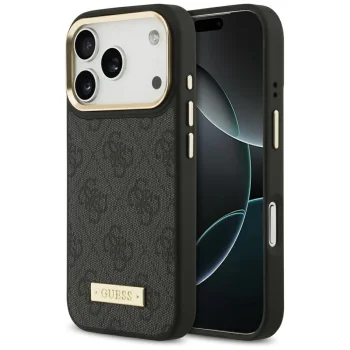 Guess 4G Logo Plate MagSafe dėklas telefonui iPhone 17 Pro, juodas