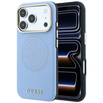 Guess Perforated 4G Gold Logo MagSafe dėklas telefonui iPhone 18 Pro Max / 17 Pro Max, šviesiai mėlynas