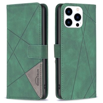 Geometrinės tekstūros atverčiamasis dėklas „Apple iPhone 14 Pro“ telefonui, žalias