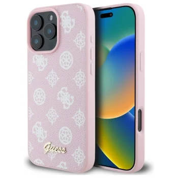 Guess Peony Script MagSafe dėklas iPhone 16 Pro Max telefonui, rožinis