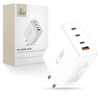 Tech-Protect NC200W-GaN 4 prievadų 200W tinklo įkroviklis, baltas