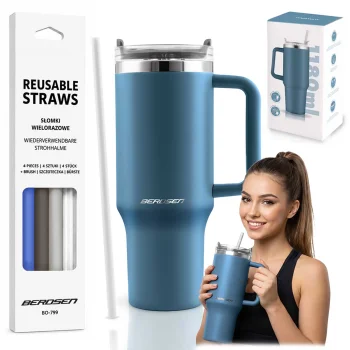 Berdsen Vacuum Thermos Mug with Straw Set, 1180 ml, Navy Blue