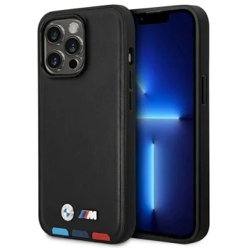 BMW Leather Stamp Tricolor dėklas, skirtas Apple iPhone 14 Pro, juodas