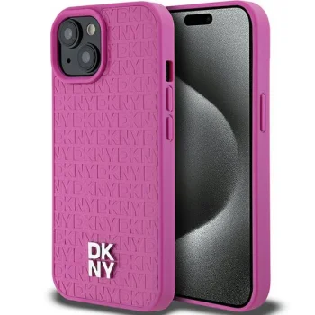 DKNY Leather Pattern Metal Logo MagSafe dėklas iPhone 15 / 14 / 13 modeliams, rožinis