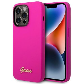 Guess Silicone Vintage Gold Logo dėklas iPhone 14 Pro Max, fuksijų spalvos