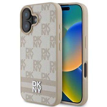 DKNY dėklas, skirtas iPhone 16, Checkered Mono Pattern & Printed Stripes, rožinis
