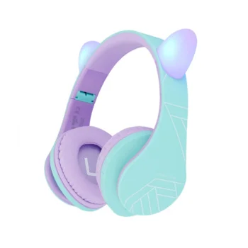 PowerLocus P2 Kids Headphones with Ears, Purple/Turquoise