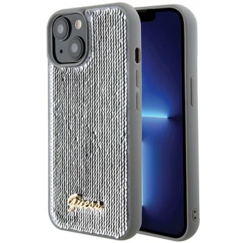 Guess dėklas iPhone 15 telefonui Sequin Script Metal, sidabrinis