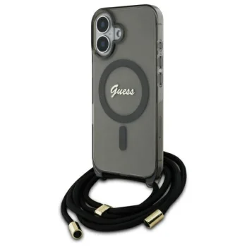 Guess Crossbody Cord Script MagSafe dėklas, skirtas iPhone 16, juodas