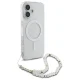 Guess dėklas iPhone 16 Plus telefonui IML Glitter su perlų dirželiu MagSafe, skaidrus