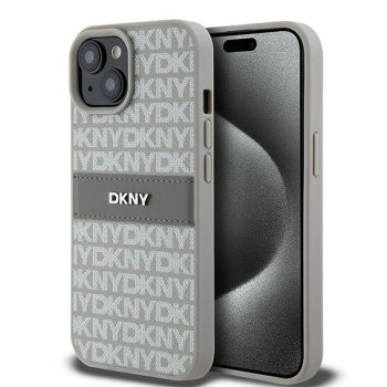 DKNY dėklas iPhone 15 / 14 / 13 modeliams Mono Stripe & Metal Logo, smėlio spalvos