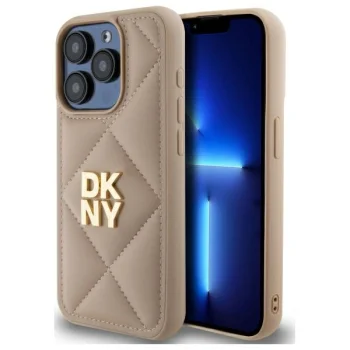 DKNY Quilted Stack Logo iPhone 15 Pro dėklas, smėlio spalvos