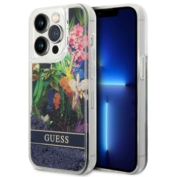 Guess Flower Liquid Glitter dėklas telefonui iPhone 14 Pro Max, mėlynas
