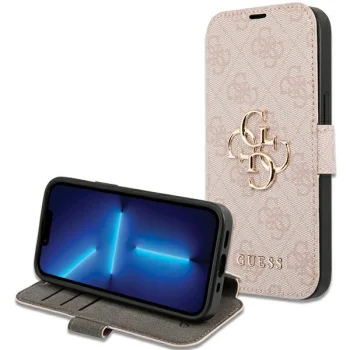 Guess 4G Big Metal Logo atverčiamas dėklas iPhone 15 / 14 / 13, rožinis