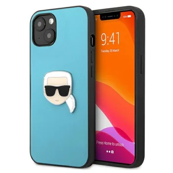 Karl Lagerfeld dėklas iPhone 13 mini su eko oda Ikonik Karl's Head, mėlynas