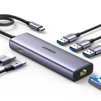 Ugreen CM512 6-in-1 USB-C šakotuvas (3x USB 3.0, HDMI, RJ45, USB-C PD), pilkas