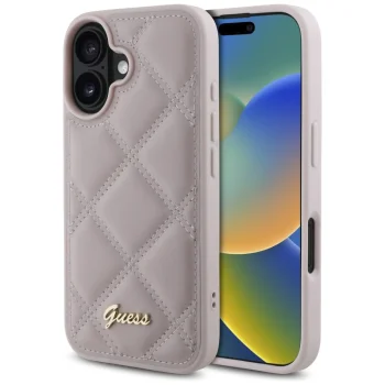 Guess dėklas iPhone 16 telefonui Quilted Metal Logo, rožinis