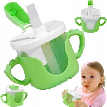 Vaikintas puodelis su rankenėlėmis ir šiaudeliu, 300 ml, žalias