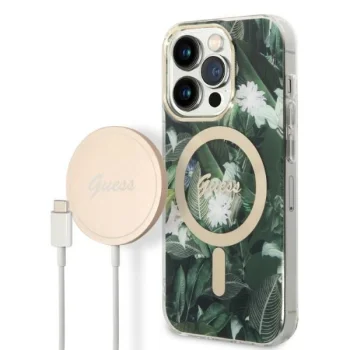 Guess Jungle MagSafe dėklas ir įkroviklis iPhone 14 Pro, žalias