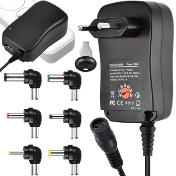 Universalus reguliuojamas maitinimo šaltinis 3V–12V su 6 antgaliais ir USB