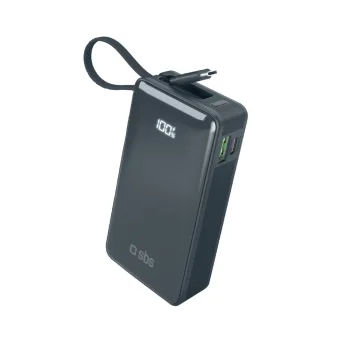 SBS 10000 mAh 20W išorinė baterija su USB-C laidu ir LCD, tamsiai pilka